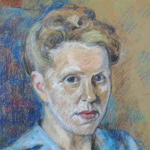 Pastel original du milieu du siècle, portrait de femme, portrait vintage, signé, daté