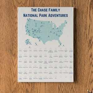 Lienzo con mapa de aventuras de parques nacionales personalizado, decoración de viajes para amantes de la naturaleza, regalo familiar al aire libre, arte mural de aventuras, decoración única para el hogar