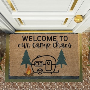 Welcome to Our Camp Chaos Doormat, Funny Outdoor Camping Rug, RV Entry Mat, Rustic Coir Door Mat, Campsite Mat