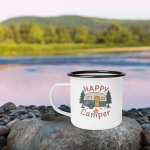 Happy Camper Mug, Vintage Camper Enamel Mug, 12oz Camping Coffee Cup, Outdoor BPA Free, Rustic Gift for Campers, Campfire Mug