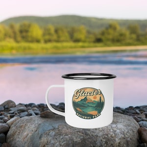Glacier National Park Enamel Camp Mug,12oz Outdoor Coffee Cup,Hiking Camping Gift for Nature Lovers,Retro Trail Adventure Drinkware