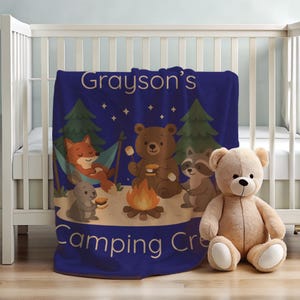 Personalized Camping Blanket, Custom Kids Blanket, Forest Animal Campfire Throw, Camping Crew Blanket, Hiking Gift