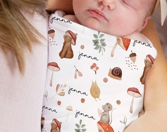 Personalized Mushroom baby swaddle blanket, Woodland Cottagecore baby swaddle, Mushroom baby shower gift, Newborn Baby hospital outfit