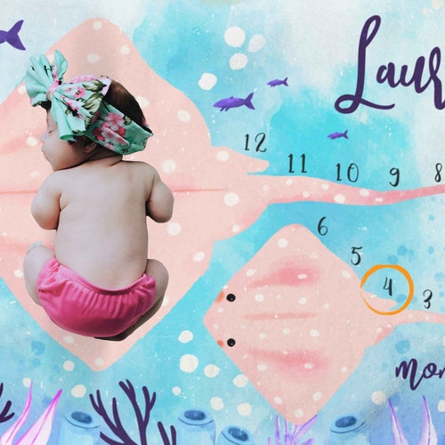 Sea Life Baby Milestone Blanket Girl Stingrays Baby Blanket Etsy