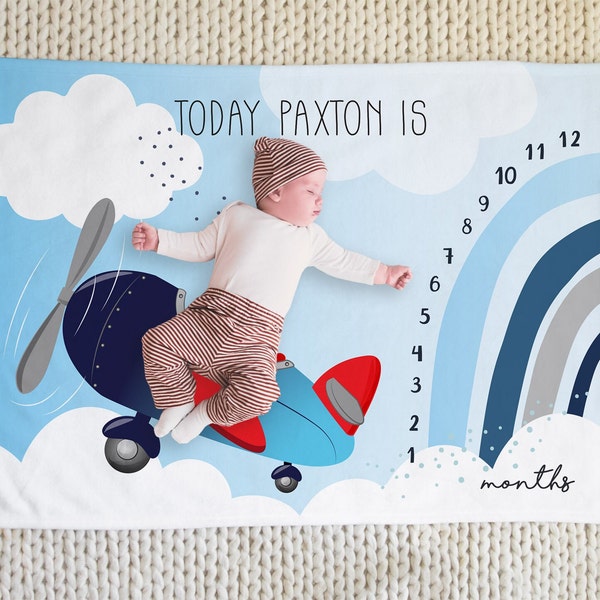 Airplane Milestone blanket, plane milestone, aviator, baby age blanket, Sky blue Rainbow month blanket, Baby boy Pilot gift personalized