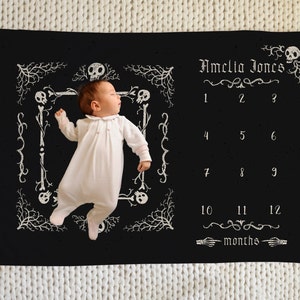 Gothic Baby Milestone blanket girl, Goth baby stuff, Skull baby Monthly milestone, Alternative Baby Name blanket, Goth baby shower gift