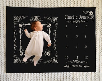 Gothic Baby Milestone blanket girl, Goth baby stuff, Skull baby Monthly milestone, Alternative Baby Name blanket, Goth baby shower gift