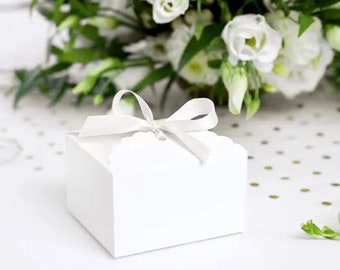 10 Small White Gift Boxes with White Ribbon, Bridal Party, Wedding Guest Gift, Baby Shower, Christening