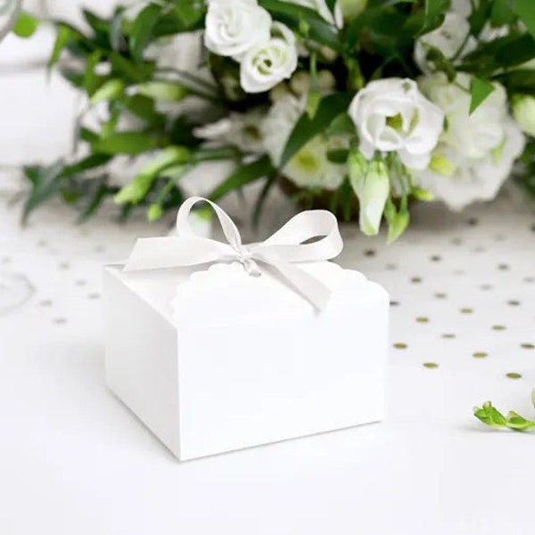 10 Small White Gift Boxes with White Ribbon, Bridal Party, Wedding Guest Gift, Baby Shower, Christening