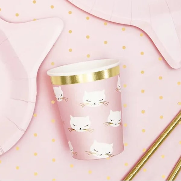 6 Pink Kitty Cat Paper Party Cups, Kitty Cat Theme, Kids Party Cups, Kitten Printed Paper Cups, Pink Gold Birthday Decor, Animal Theme Party