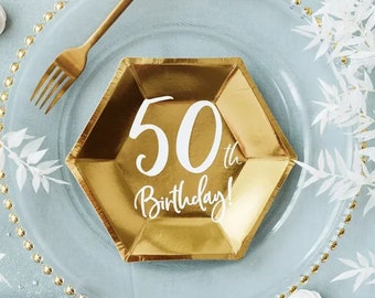 6 Gold 50th Birthday Paper Plates, Party Decorations, Birthday Party, 50th Paper Party Plates, Gold Party Plates
