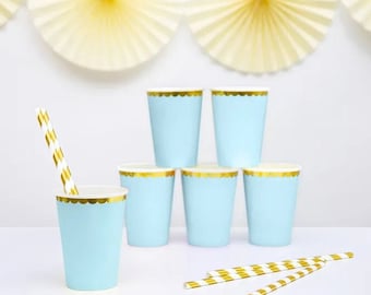 Pastel Blue Gold Trim Paper Cups, Birthday Drinks Cups, Baby Shower, Wedding Party, Anniversary Party, Engagement Party, 1st Birthday Cups