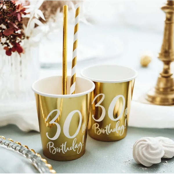 6 Gold 30th Birthday Paper Cups, Birthday Party Cups, Party Decorations, Paper Party Cups, Gold Party Cups. 1pkt/6pc