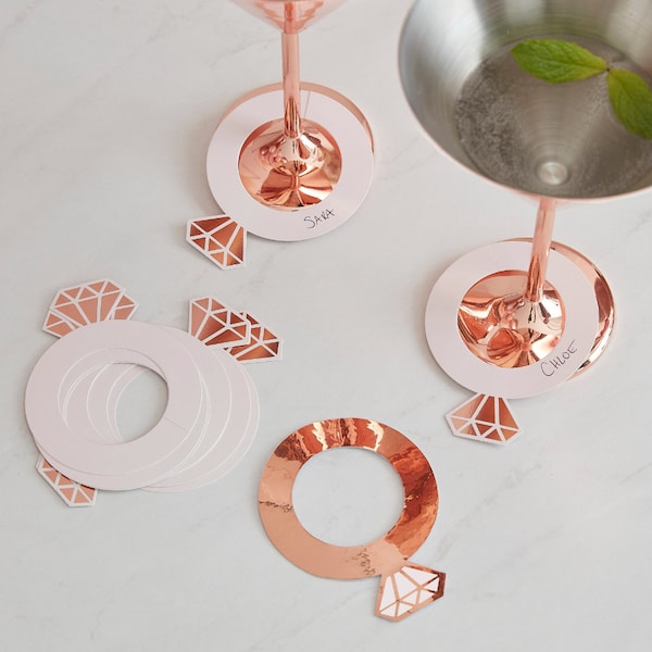 10 Rose Gold Ring Shaped Drink Markers, Drink Name Tags, Cocktail Glass Charms, Hen Party Drinks,