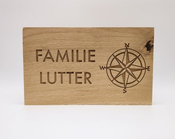 Namensschild aus Eiche mit Kompass | Familiennamen | Familien Schild | Holzschild Name | personalisiertes Türschild | Eingang