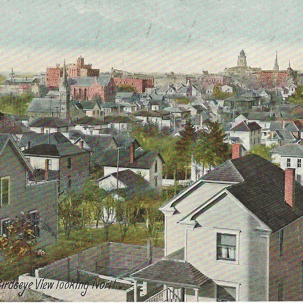 Vintage Printed Birdseye's View Postcard of Marion Ohio Looking North C G Wiant Bookseller & Stationery Unused One Cent Stamp Box