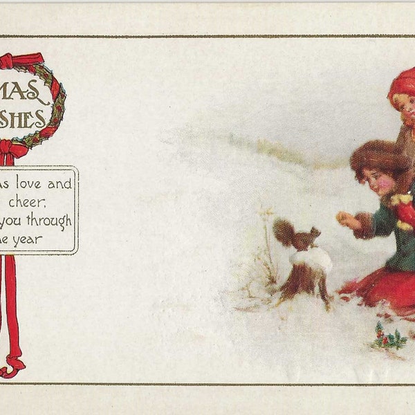 Vintage Xmas Wishes With Children and Squirrel 1910s With One Cent Stamp Box