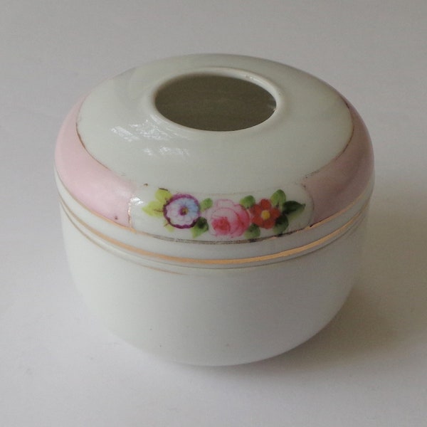 Antique Hand Painted Nippon Porcelain Hair Receiver Pink Floral Gold Accents