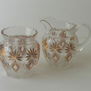 Antique EAPG Creamer and Sugar Set Early American Pattern Glass Clear With Diamond and Fan Pattern Gold Accents