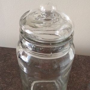 Vintage Covered Jar, Clear Heavy Glass Jar with Knob Lid, Tall Primitive Design Rounded Jar With Thick Glass Base 9 1/2"