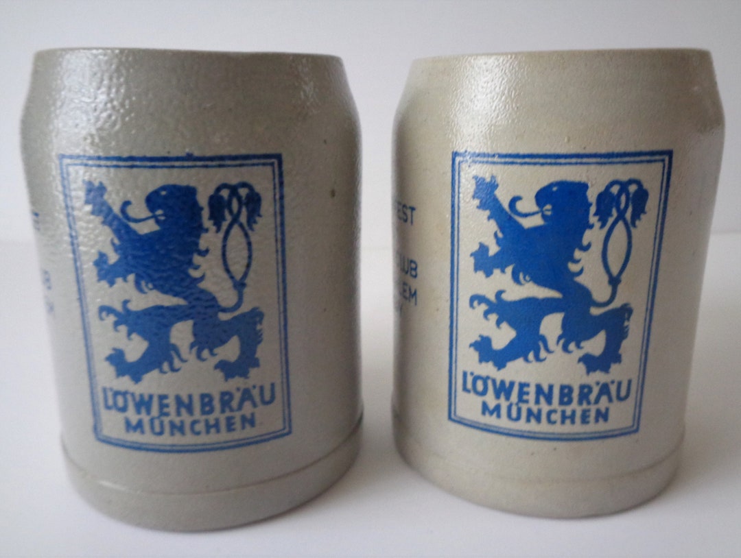 Vintage Lowenbrau Set of 2 Pottery Beer Stein Mugs Munchen Octoberfest