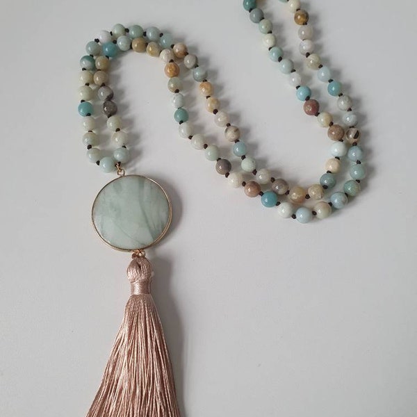 Amazonite long length tassle necklace with prasiolite centre