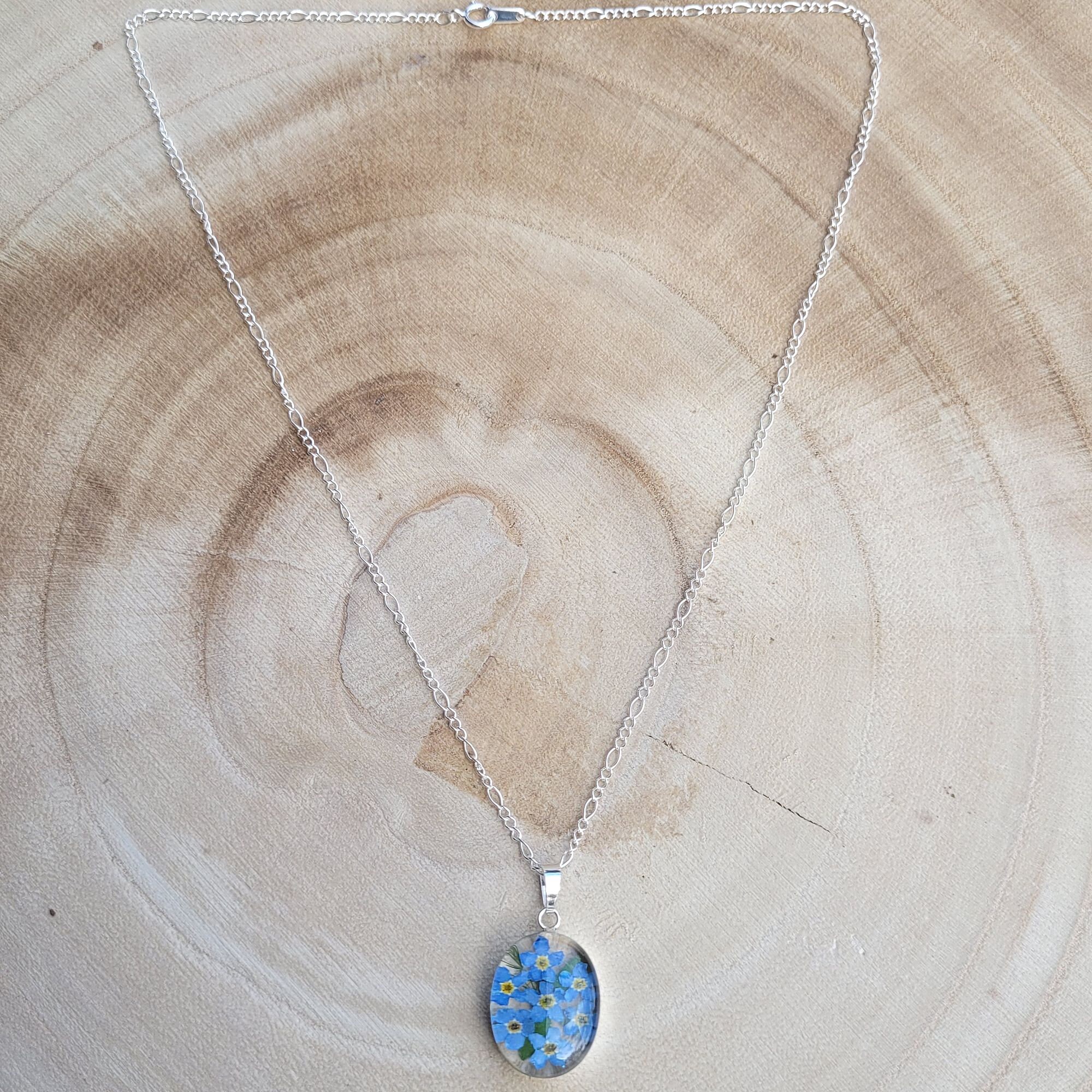 Necklace With Oval Pendant, Forget-me-not, Silver Jewelry Necklace With Oval Pendant, Forget-me-not, Silver Jewelry