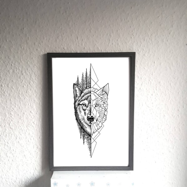 Poster living room, wolf, black and white, picture, drawn, art print, print, illustration, modern, geometric animals, art, drawing, decoration