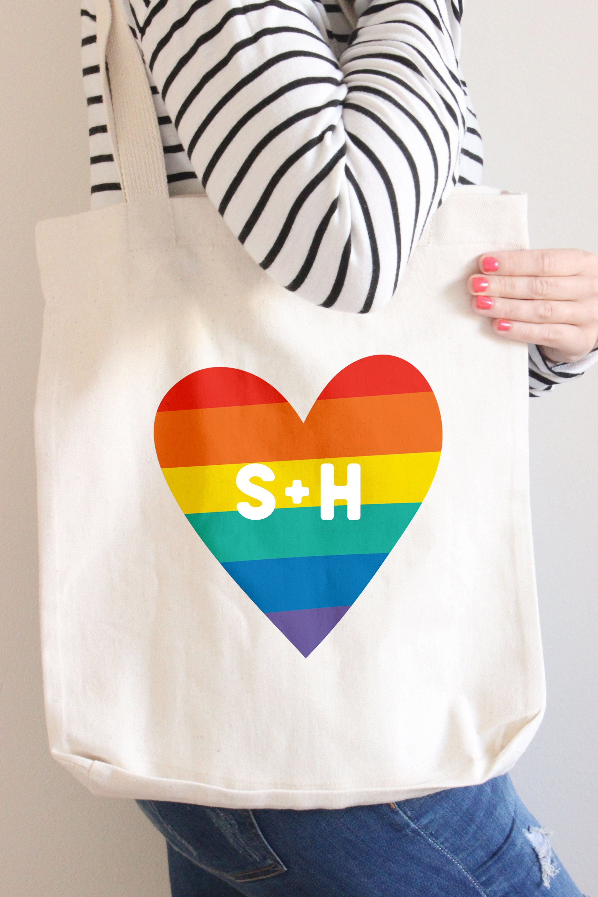 Bright Rainbow Heart Tote Bag. Personalised Tote. Couples 