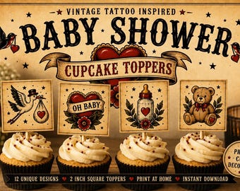 Tattoo Baby Shower Cupcake Toppers Printable | Alternative Baby Shower Decor | Vintage Flash Style Party Decor