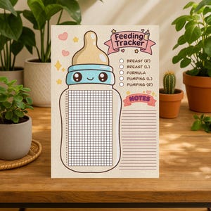 May include: A beige feeding tracker with a baby bottle design. The tracker includes sections for breast and formula feeding, and pumping, with a notes section. The words "Feeding Tracker" are at the top, with pink hearts and stars.