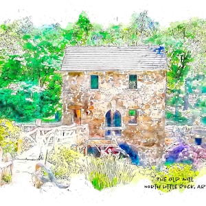 May include: A watercolor painting of a stone building with a water wheel. The building is surrounded by trees and a wooden bridge. The text "THE OLD MILL NORTH LITTLE ROCK, AR" is at the bottom of the image.