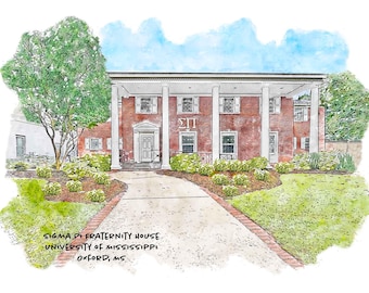 May include: Watercolor-style illustration of the Sigma Pi Fraternity House at the University of Mississippi. The red brick building features white columns, windows with shutters, and a Greek letter symbol. The image includes text at the bottom.