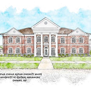 May include: Watercolor-style illustration of the Alpha Sigma Alpha Sorority House at the University of Central Arkansas. The building features a brick facade, white columns, and arched windows. The sky is a light blue with watercolor effects, and the lawn is green.