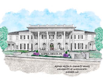May include: A watercolor illustration of a white sorority house with columns and a sign that reads "Alpha Delta Pi". The house is surrounded by green trees and bushes. The text "Alpha Delta Pi Sorority House, University of Mississippi, Oxford, MS" is written below the image.