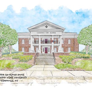 May include: A watercolor illustration of the Lambda Chi Alpha house at Mississippi State University in Starkville, MS. The brick building features a white portico with columns, a balcony, and green trees on either side of the front lawn.