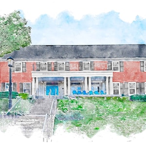 May include: A watercolor painting of a red brick building with a white porch and blue doors. The building has a sign that reads "Phi Delta Theta".