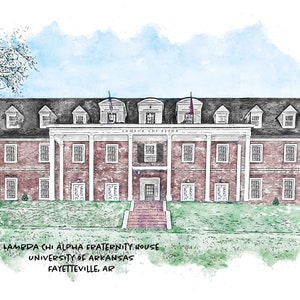 May include: A watercolor illustration of a brick building with a white porch and columns. The building has a black roof and white windows. The building is labeled "Lambda Chi Alpha Fraternity House, University of Arkansas, Fayetteville, AR".