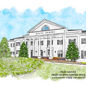 May include: Watercolor-style illustration of the Delta Gamma chapter house at Mississippi State University. The white building features columns, a triangular pediment, and the text "DELTA GAMMA." Green trees and grass are in the foreground.