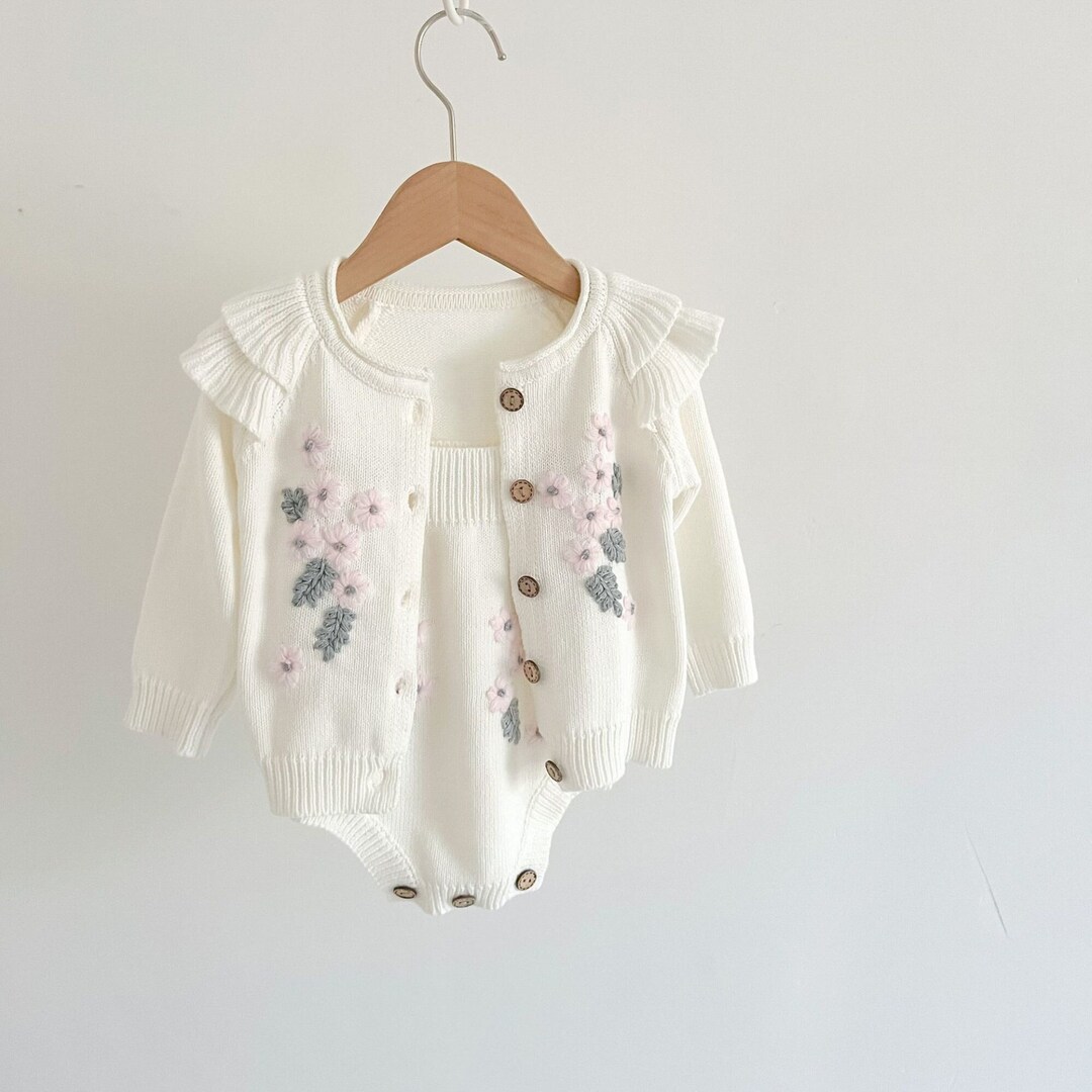 White Knitted Baby Girl Sweater Set Knit Romper for Infant Etsy