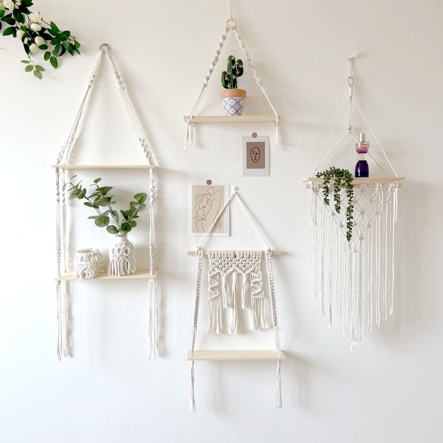 DIY Handmade Tassel Macrame Tapestry Wall Hanging Shelf Boho Cotton Rope  Woven Plant Hanger Wood Floating