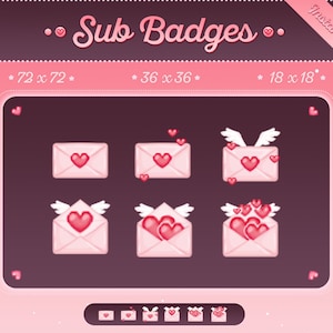Insignias de suscripción para Twitch / Diseño de sobre con forma de carta de amor con corazones / Conjunto de suscripción, bits y emoticones / Transmisor de Twitch del Día de San Valentín kawaii / Por CyberCupid