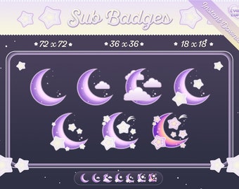 Sub Badges for Twitch | PURPLE moon design with stars, clouds, sparkles | Sub/Bit/Emotes set | Kawaii Twitch streamer | By CyberCupid