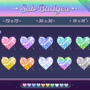 Sub Badges for Twitch | 10 colors / rainbow gem heart design with sparkles | Sub/Bit/Emotes set | Kawaii Twitch streamer | By CyberCupid