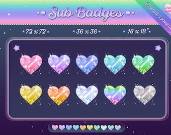 Rainbow Gem Heart Twitch Sub Badges: Sparkle Kawaii Streamer (Digital Download)