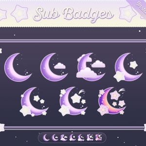 Sub Badges for Twitch | PURPLE moon design with stars, clouds, sparkles | Sub/Bit/Emotes set | Kawaii Twitch streamer | By CyberCupid