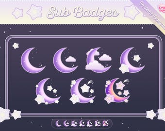 Purple Moon Twitch Sub Badges: Kawaii Stars, Clouds (Digital Download)