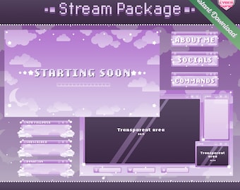 Purple Animated Stream Overlay Package: Kawaii Cloud Theme (Digital Download)