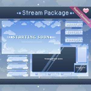 Animated stream overlay package | BLUE version - Cute Cloud overlays, scenes, panels, alerts | Kawaii Windows Theme Pastel Sky with Stars
