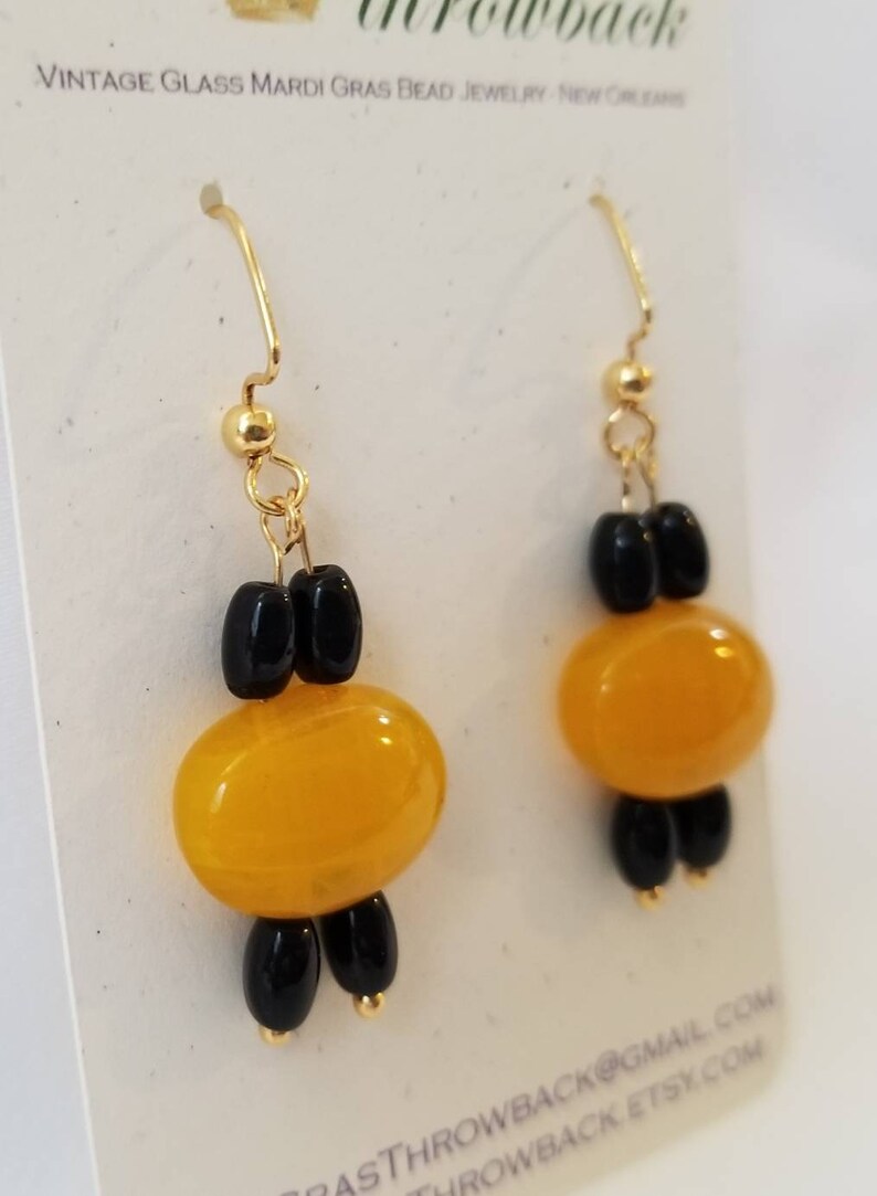 Upcycled! Black and Butterscotch Vintage Mardi Gras Glass Bead Earrings Gold-Plated Brass Angular Ear Wires New Orleans